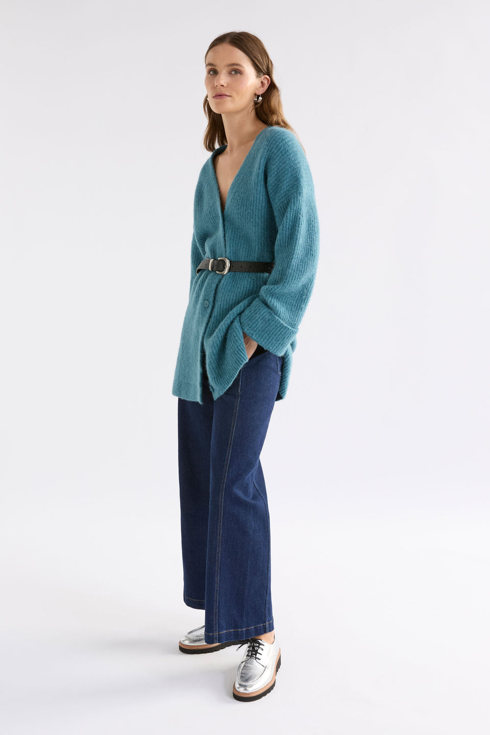 Aila Rib Lightweight Alpaca Merino Wool Long Line Cardigan Model Front Full Length | STONE BLUE