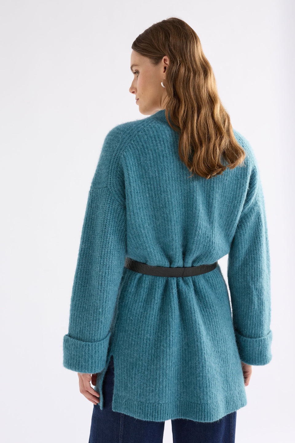 Aila Rib Lightweight Alpaca Merino Wool Long Line Cardigan Model Back | STONE BLUE