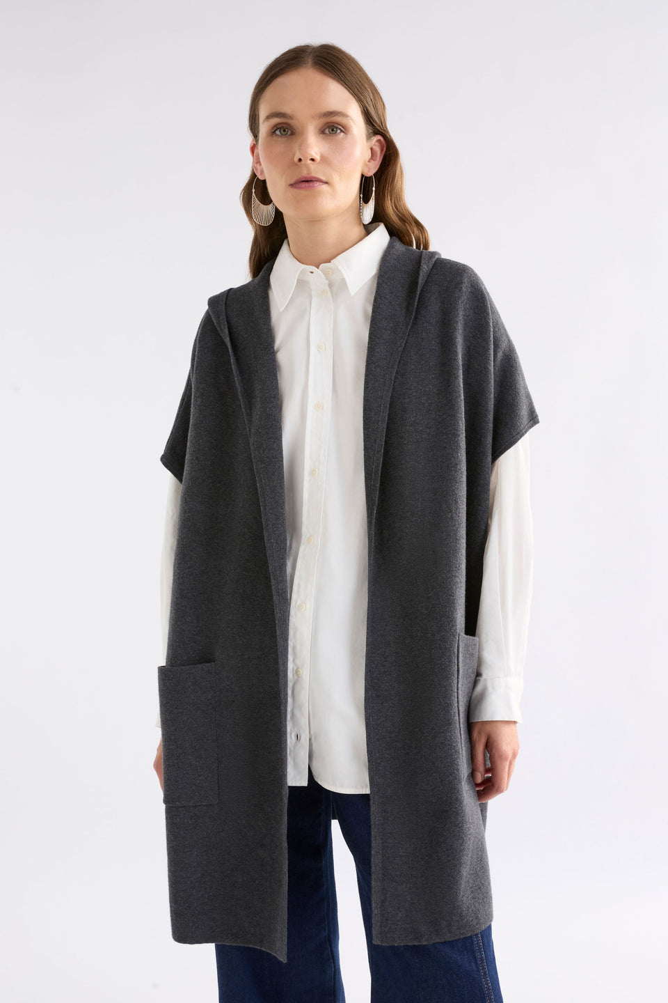 Neuwt Cotton-Wool Open Long Hooded Poncho Model | CHARCOAL MELANGE
