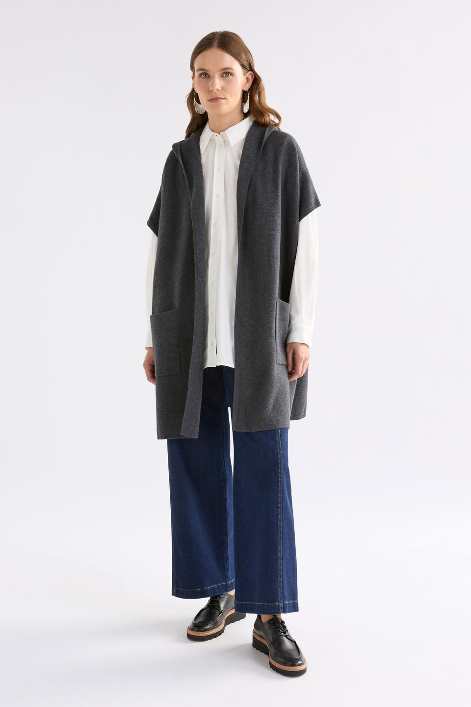 Neuwt Cotton-Wool Open Long Hooded Poncho Model Front Full Body | CHARCOAL MELANGE