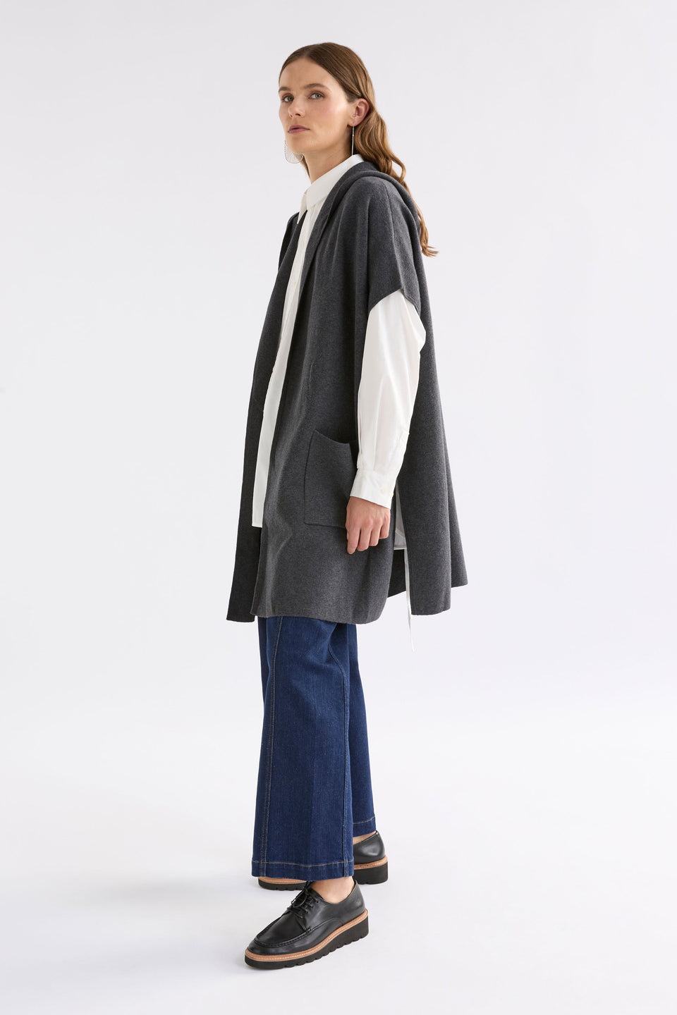 Neuwt Cotton-Wool Open Long Hooded Poncho Model Side Full Body | CHARCOAL MELANGE