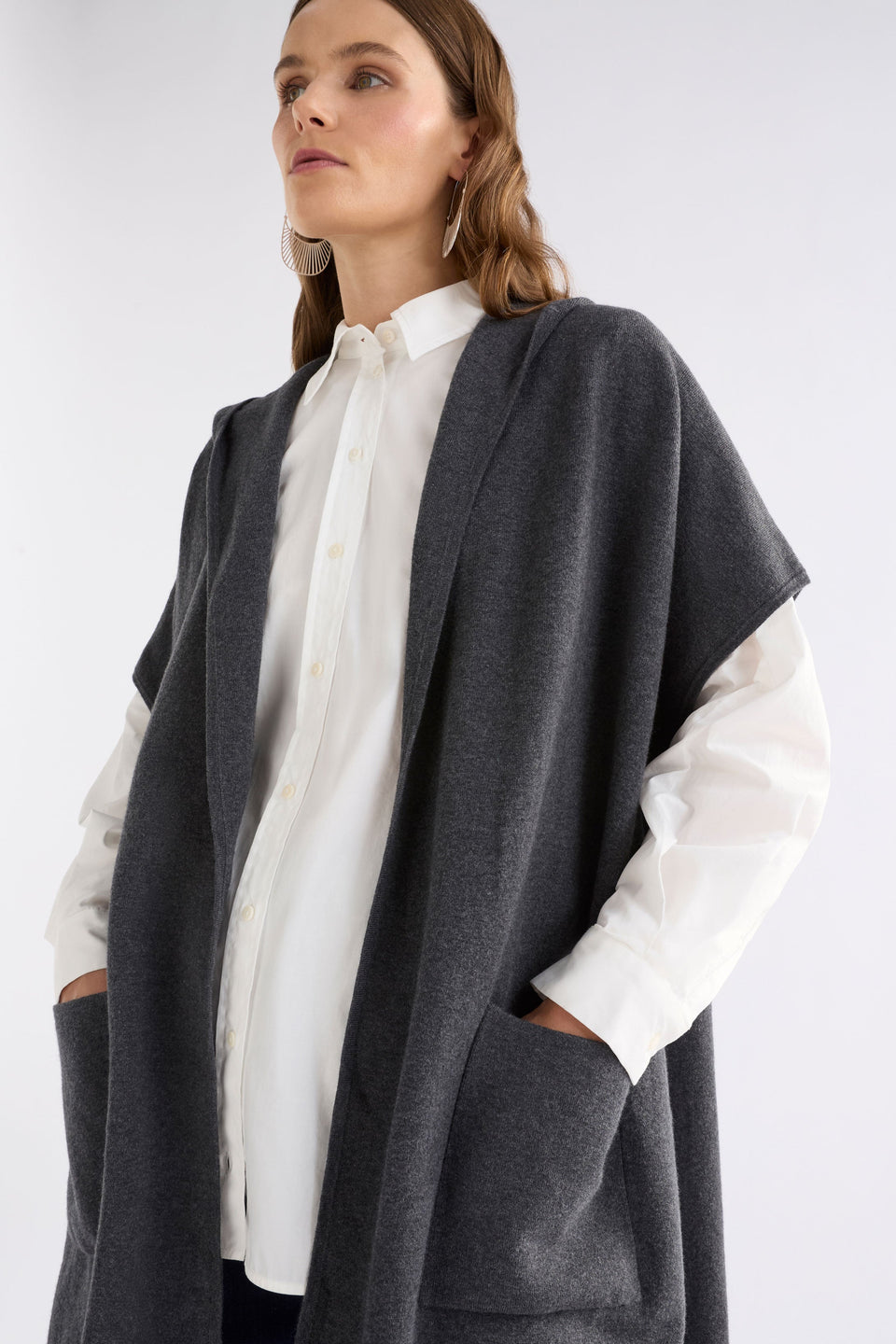 Neuwt Cotton-Wool Open Long Hooded Poncho Model Front crop | CHARCOAL MELANGE