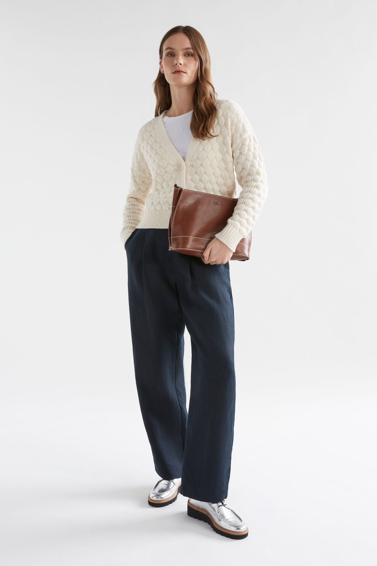 Emmer Bubble Knit V-neck Merino Cardigan Model Front Full Body | OATMEAL