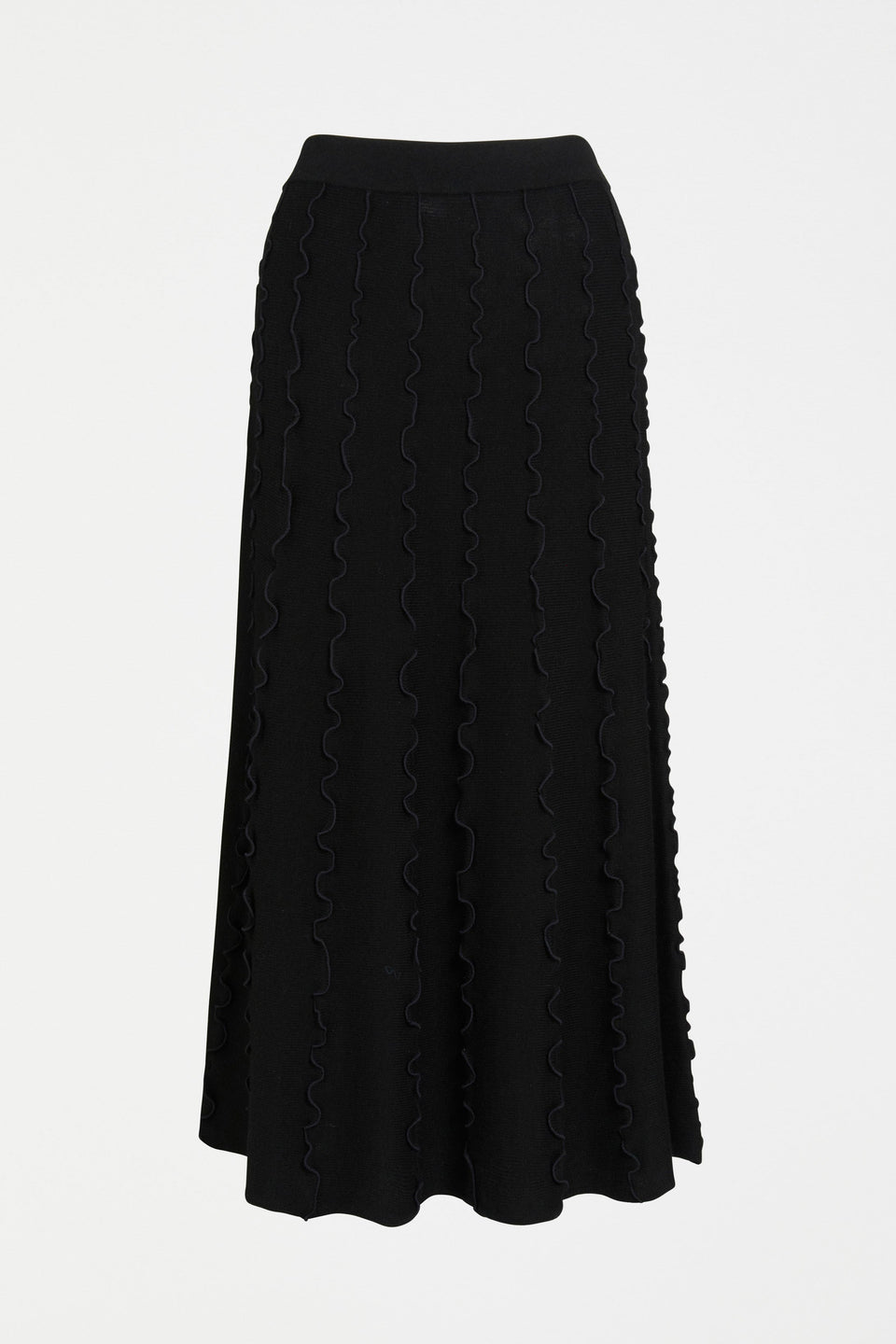 Musse Merino Wool Blend Knit Midi Skirt with Wiggle Textured Stripes Front | BLACK