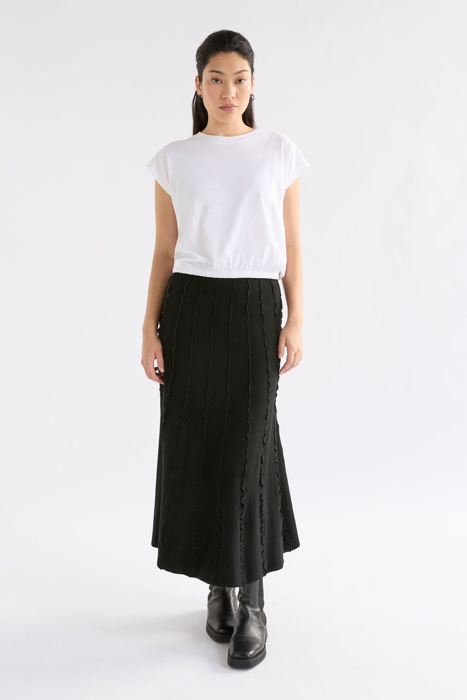 Musse Merino Wool Blend Knit Midi Skirt with Wiggle Textured Stripes Model Front | BLACK