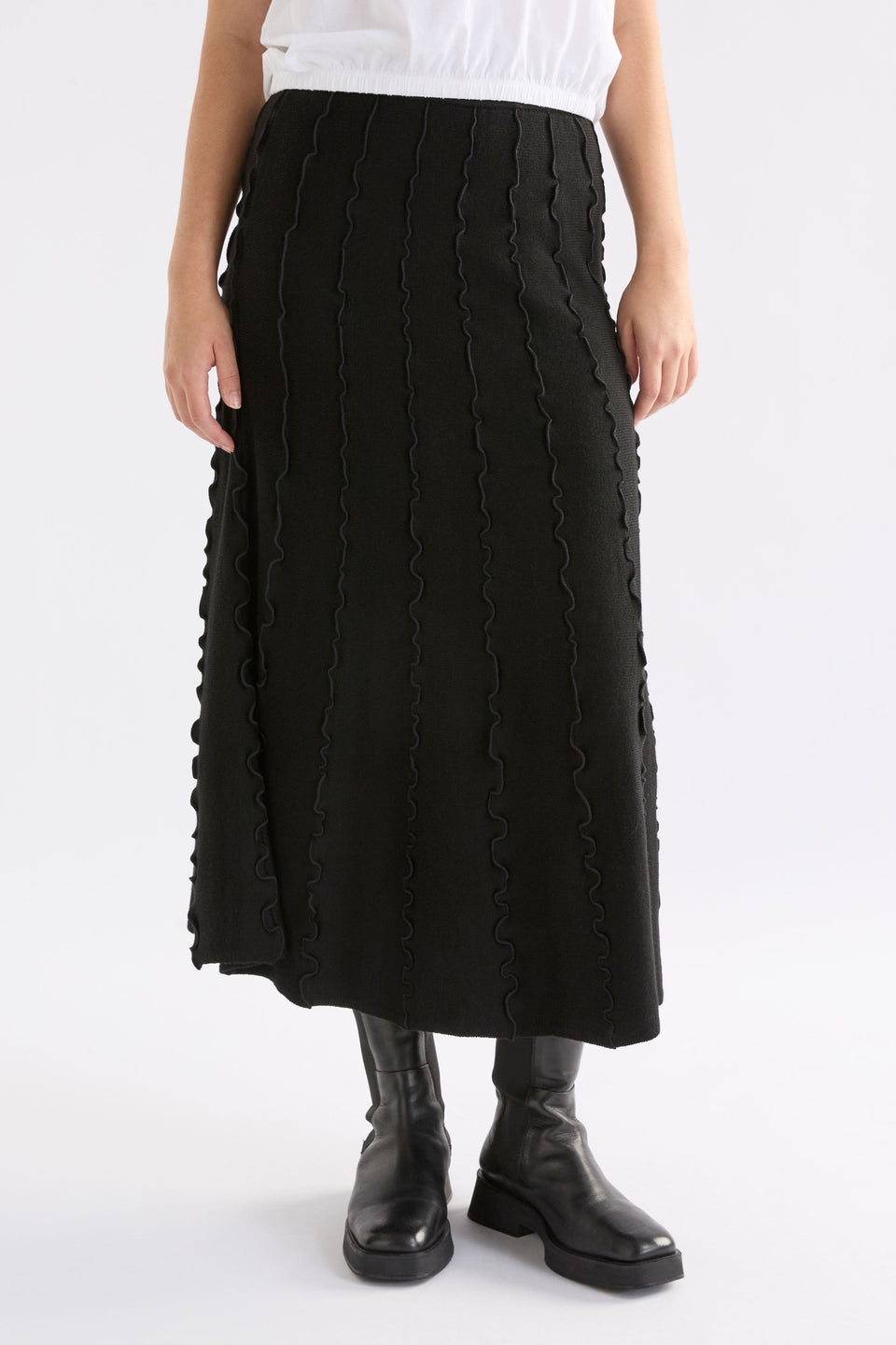 Musse Merino Wool Blend Knit Midi Skirt with Wiggle Textured Stripes Model Front Crop | BLACK