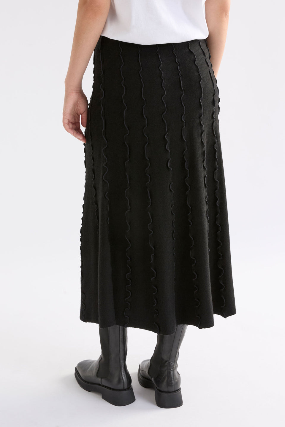 Musse Merino Wool Blend Knit Midi Skirt with Wiggle Textured Stripes Model Back | BLACK