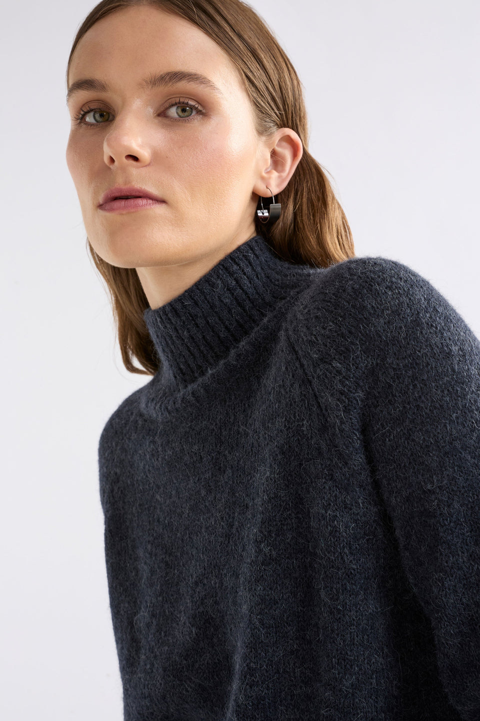 Enka Neat Fit Funnel Neck Sweater Model Front Detail | CARBON