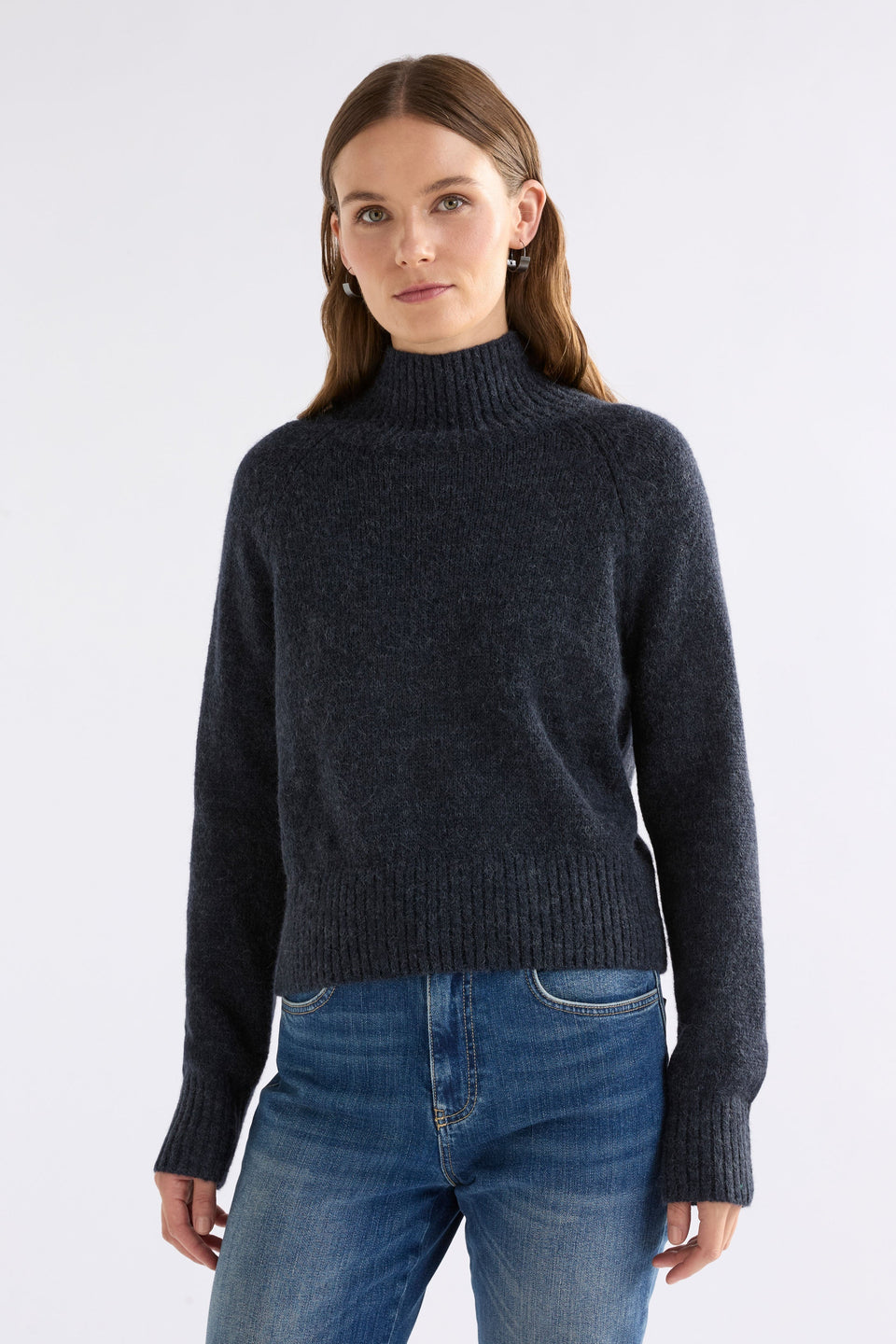 Enka Neat Fit Funnel Neck Sweater Model Front | CARBON
