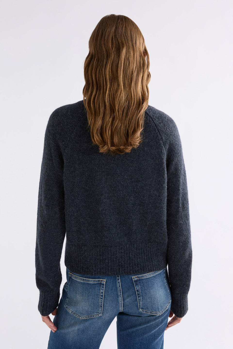 Enka Neat Fit Funnel Neck Sweater Model Back | CARBON