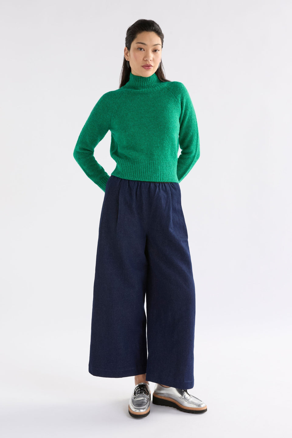 Enka Neat Fit Funnel Neck Sweater Model Front Full Body | MILAN GREEN