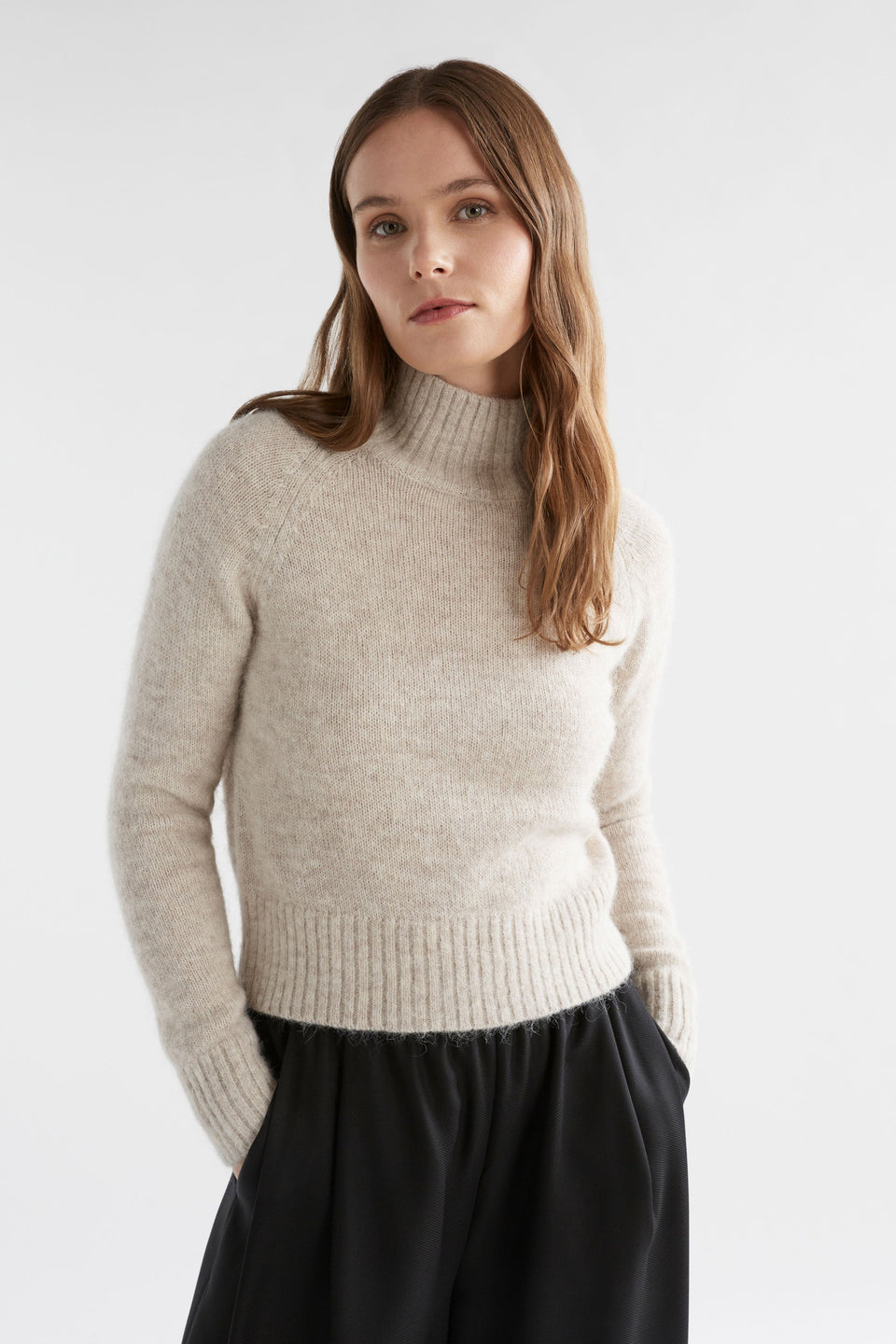 Enka Neat Fit Funnel Neck Sweater Model Front | ECRU