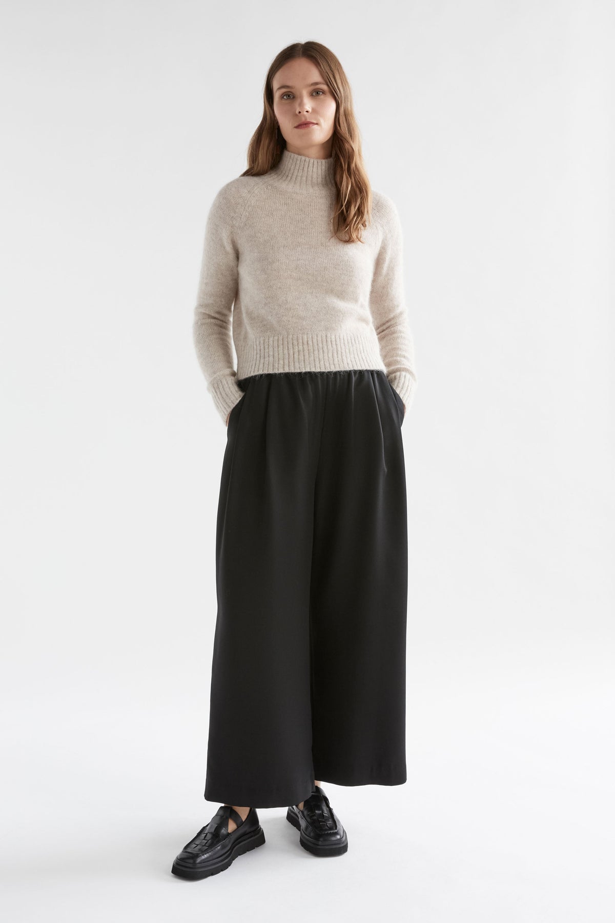 Enka Neat Fit Funnel Neck Sweater Model Front full Body | ECRU