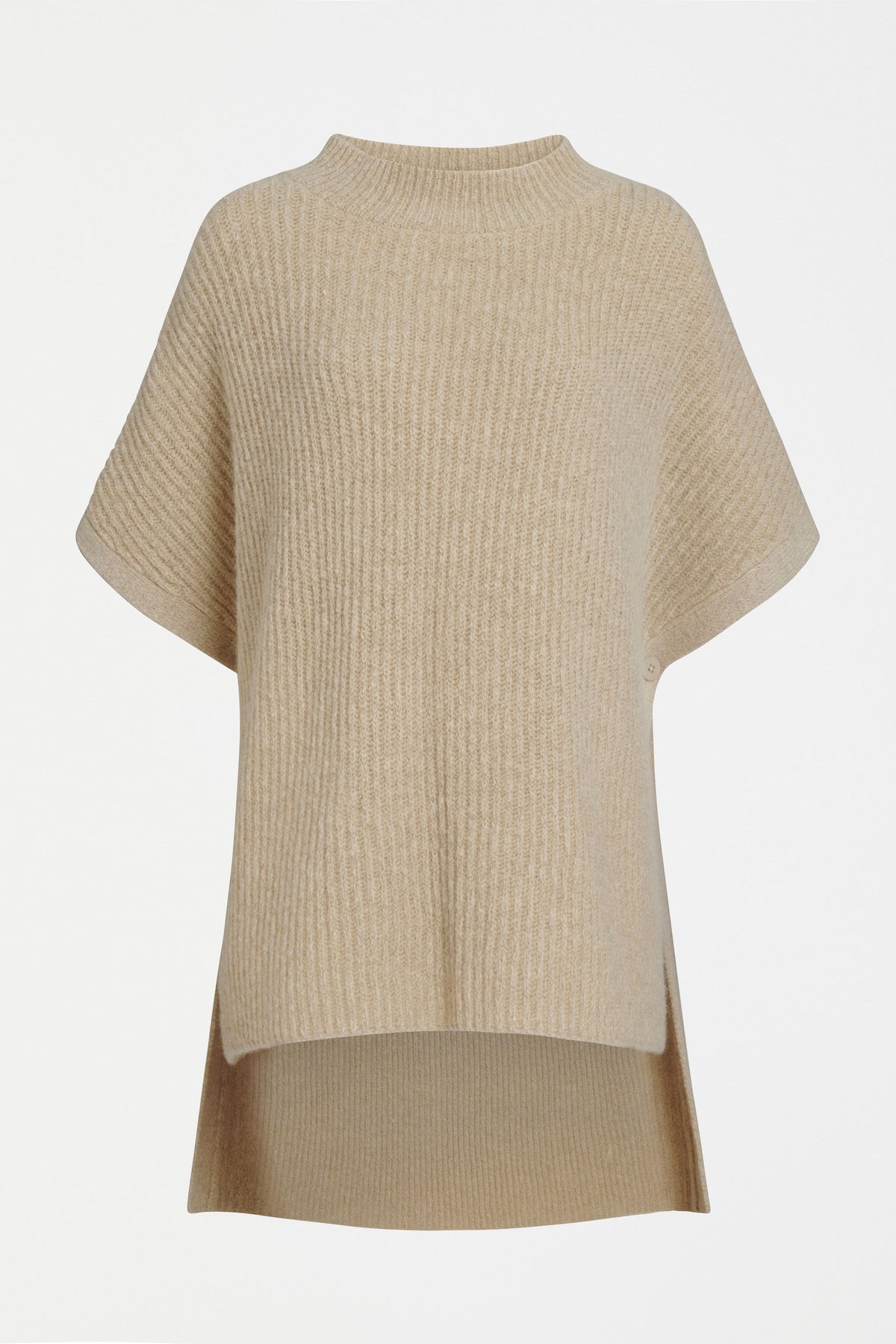 Kaanto Boxy Funnel Neck Rib Stitch Alpaca-Merino Wool Poncho Front | LATTE