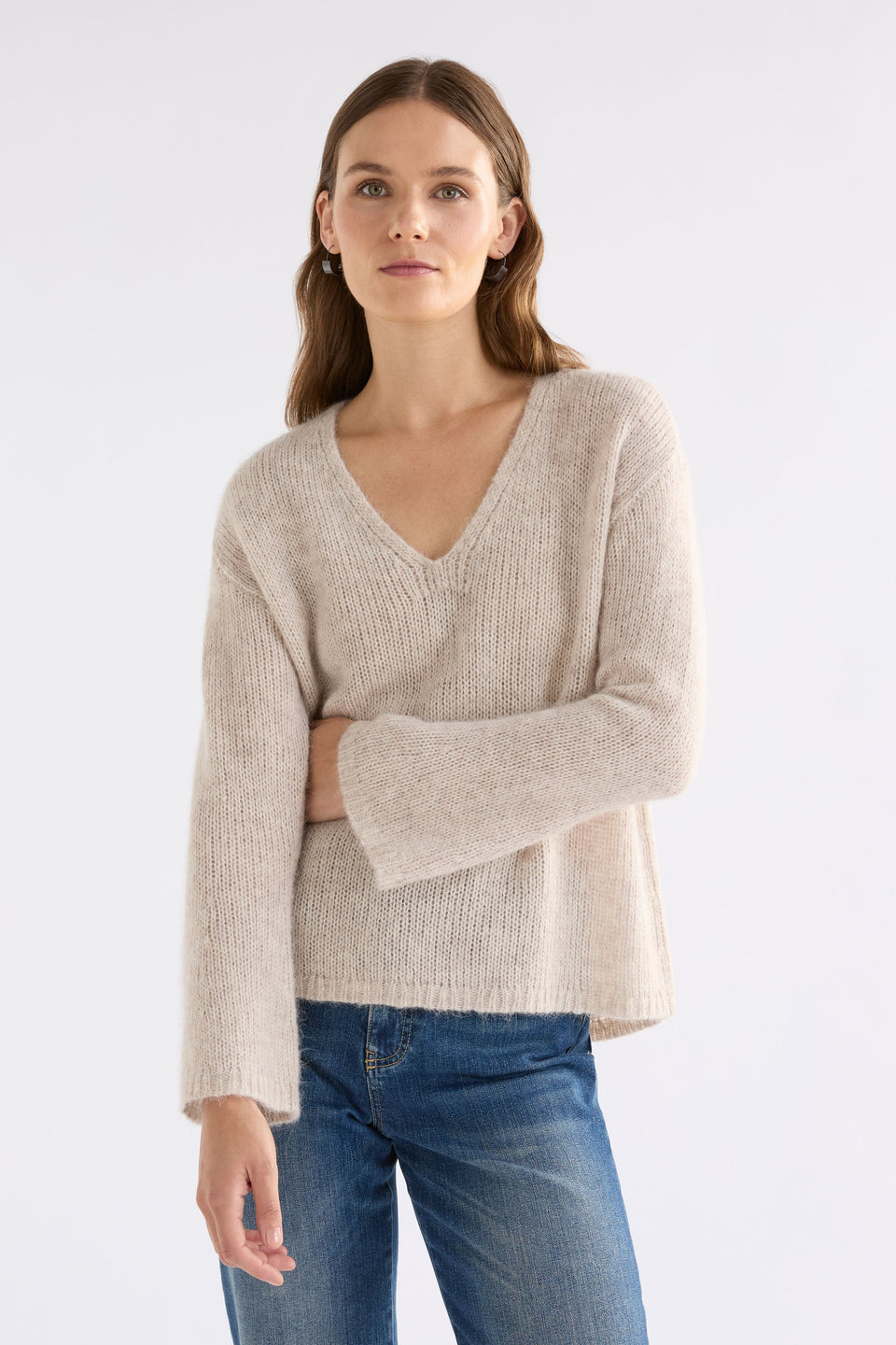 Anken V-Neck Bell Sleeve Alpaca Merino Knit Cream Sweater Model Front | ECRU