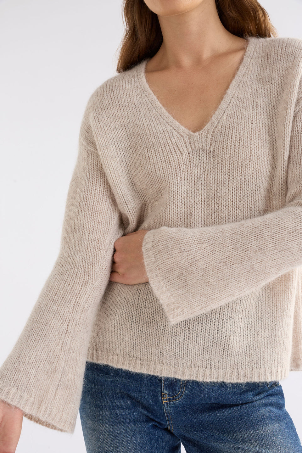 Anken V-Neck Bell Sleeve Alpaca Merino Knit Cream Sweater Model Front Detail | ECRU