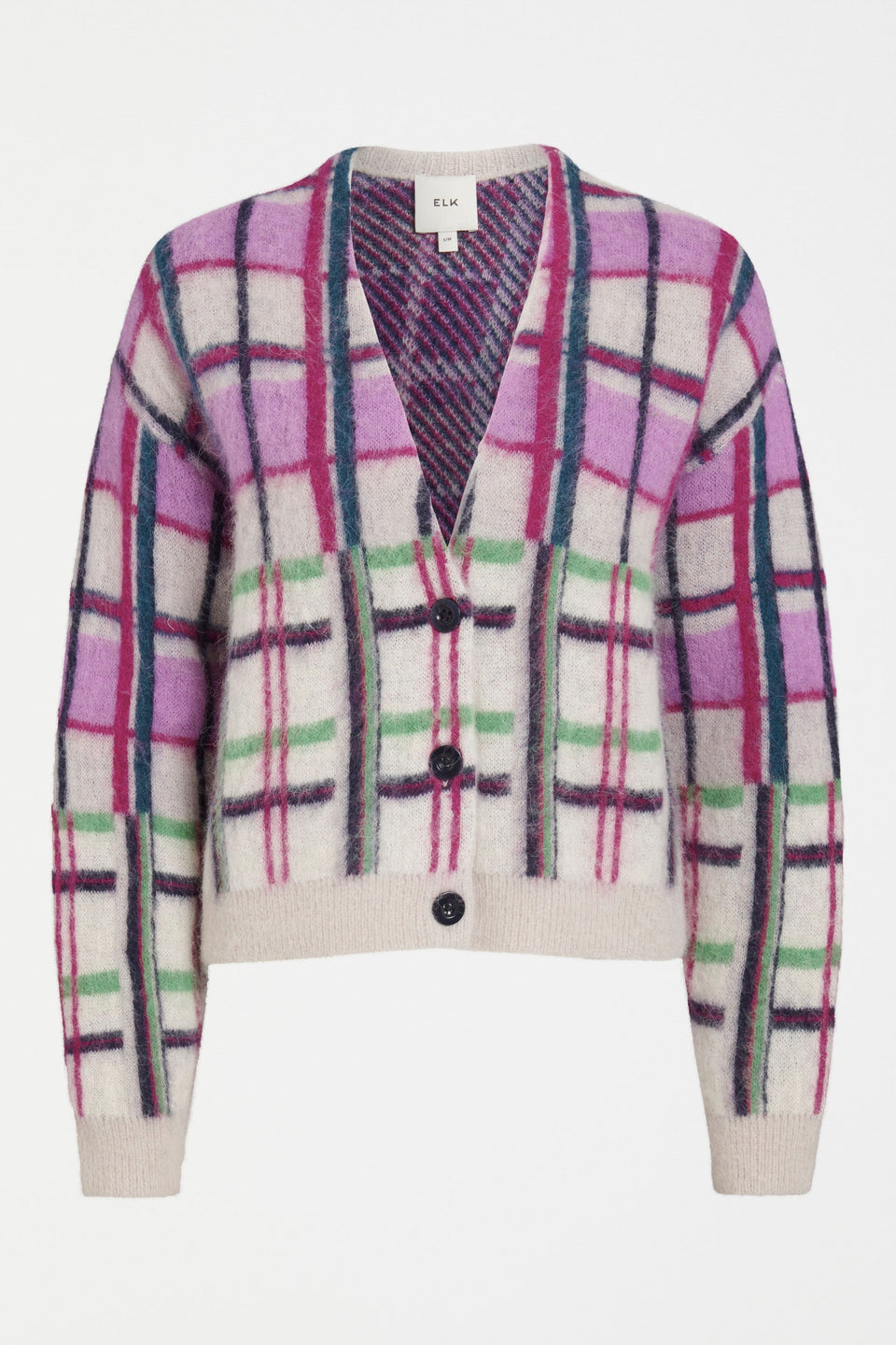 Ostti Alpaca Merino Wool Bold Coloured Check V-neck Cardigan Front | NEW NAVY CHECK