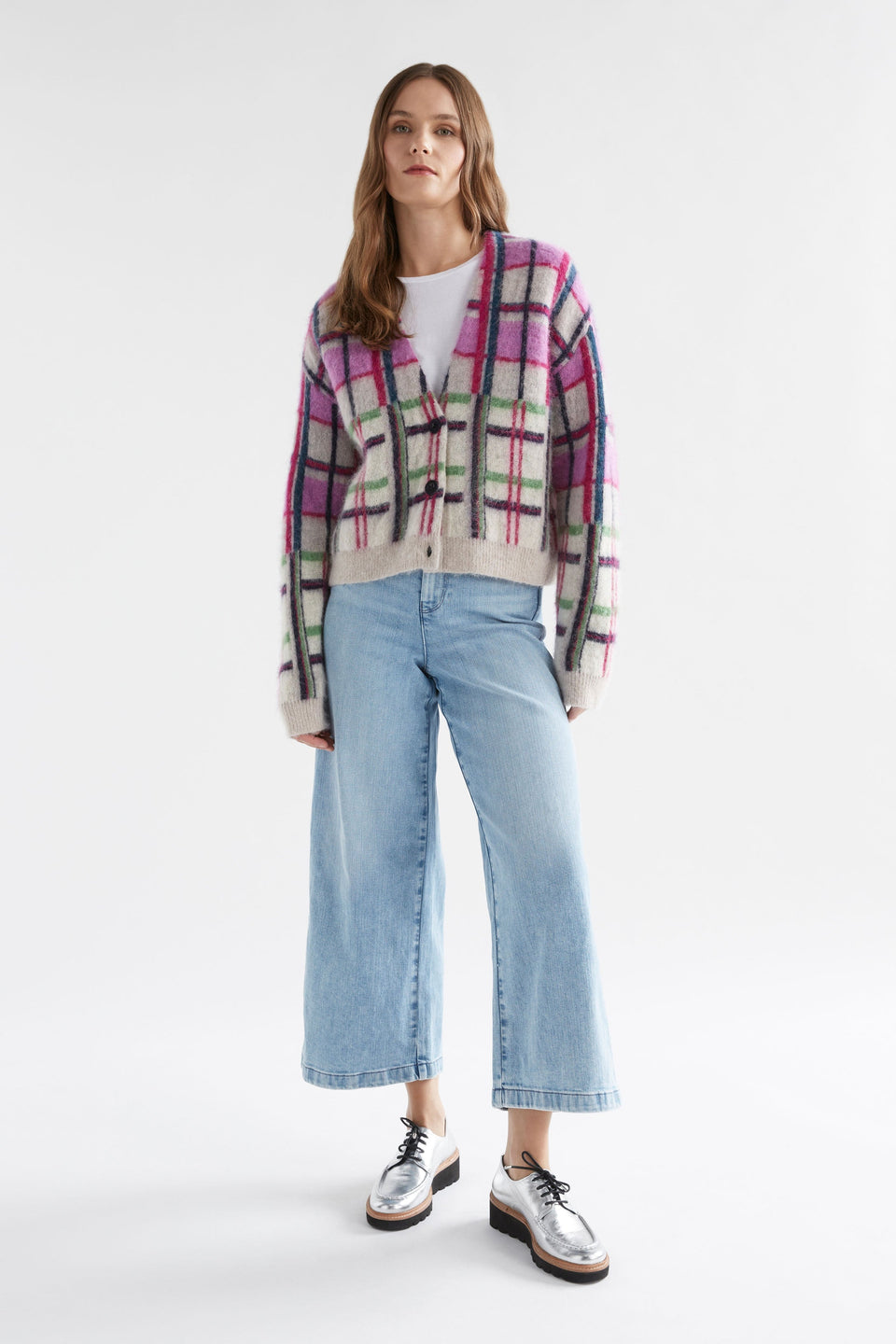 Ostti Alpaca Merino Wool Bold Coloured Check V-neck Cardigan Model Front Full Body | NEW NAVY CHECK