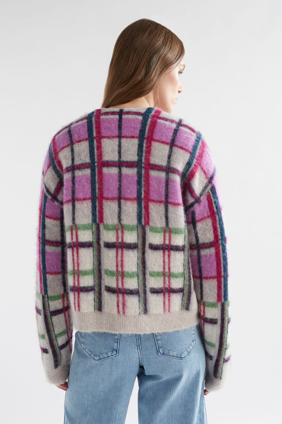 Ostti Alpaca Merino Wool Bold Coloured Check V-neck Cardigan Model Back | NEW NAVY CHECK