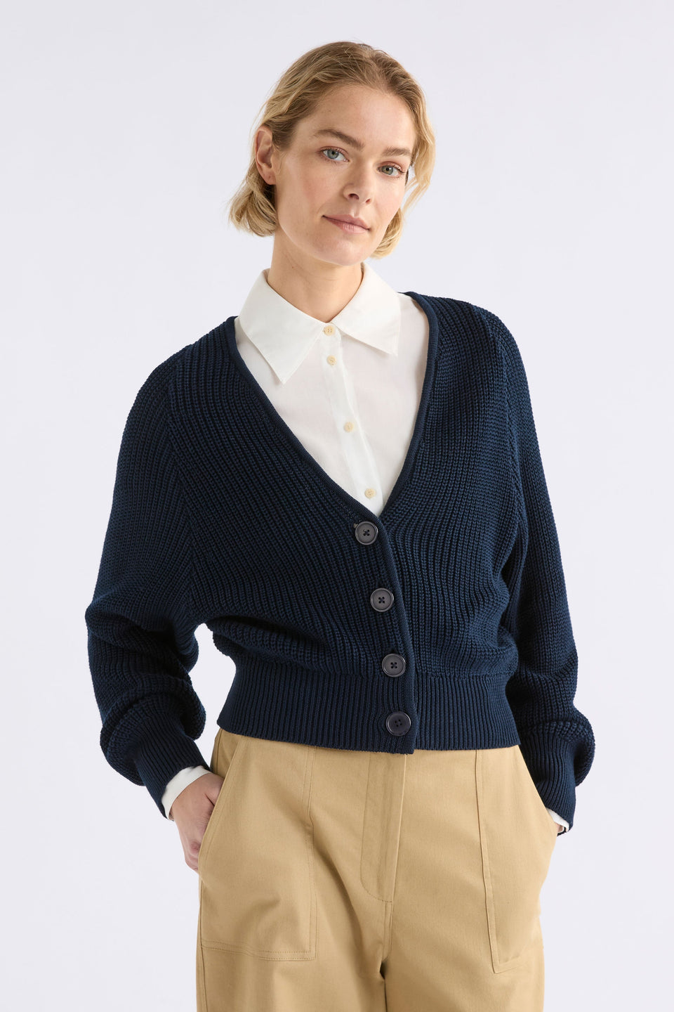 Saari Cardigan on Model styled with shirt and pant | BRIGHT NAVY
