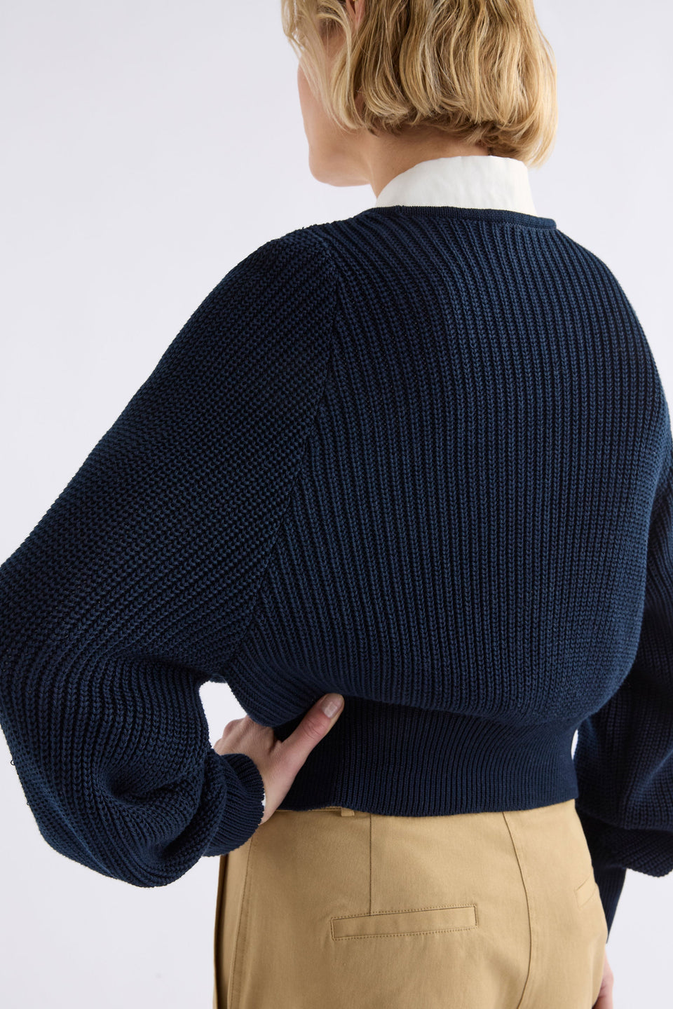 Saari Cardigan on Model Back View | BRIGHT NAVY