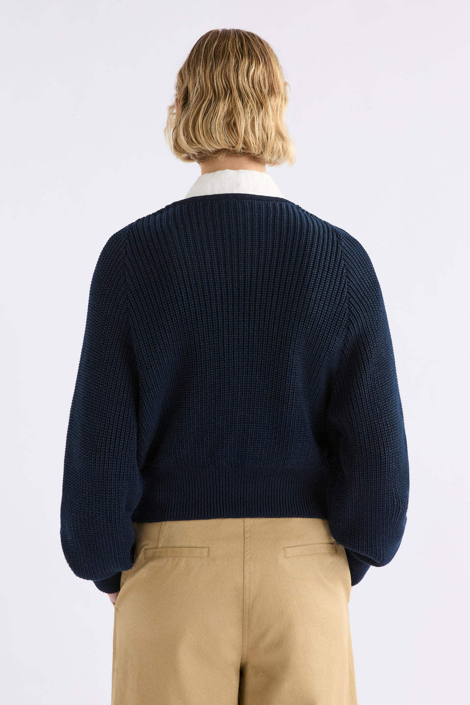 Saari Cardigan on Model Back View ribbed detail | BRIGHT NAVY