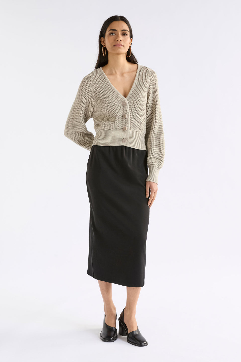 Saari Cardigan on Model Full Length styled with skirt | ECRU