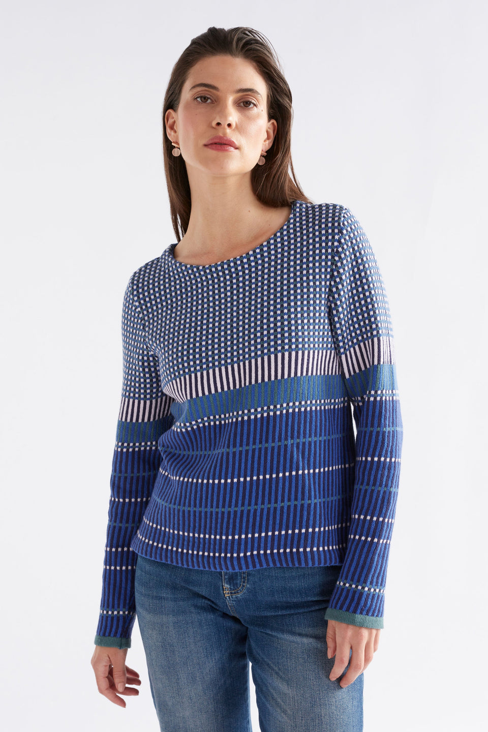 Cila Multi Check Organic Cotton Knit Jumper Model Front | BLUE MULTI