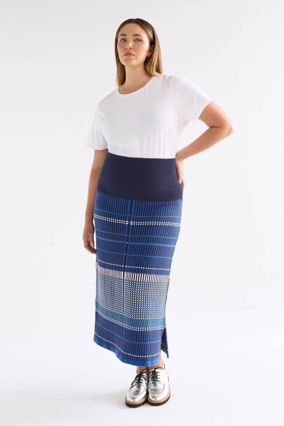 Cila Multi Check Organic Cotton Knit Midi Skirt Model Chanel Front full body | BLUE MULTI