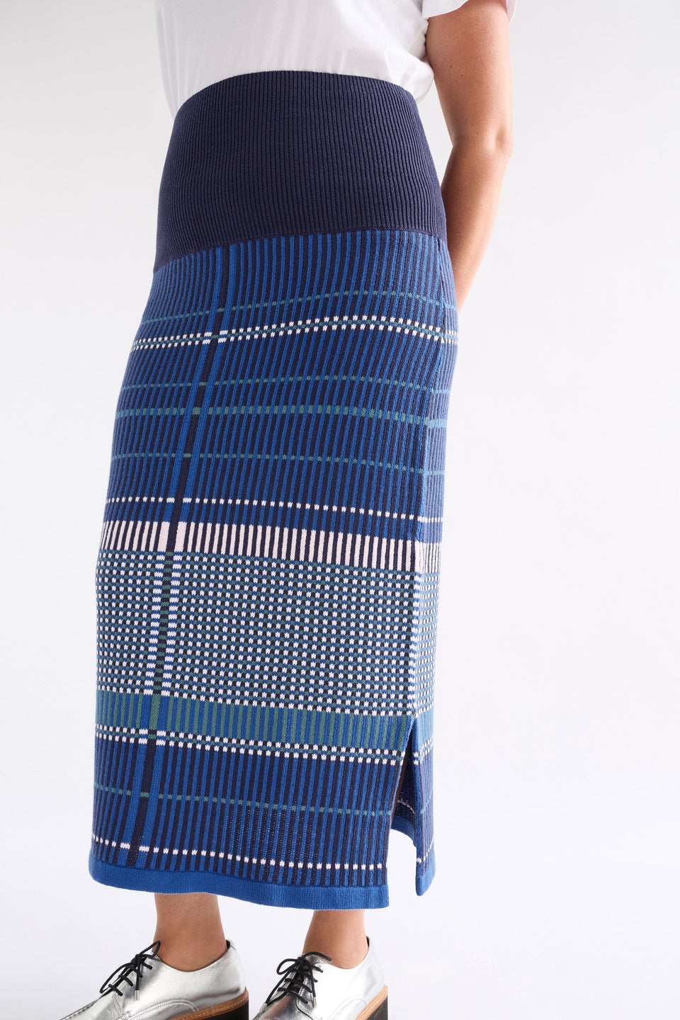 Cila Multi Check Organic Cotton Knit Midi Skirt Model Chanel Front | BLUE MULTI