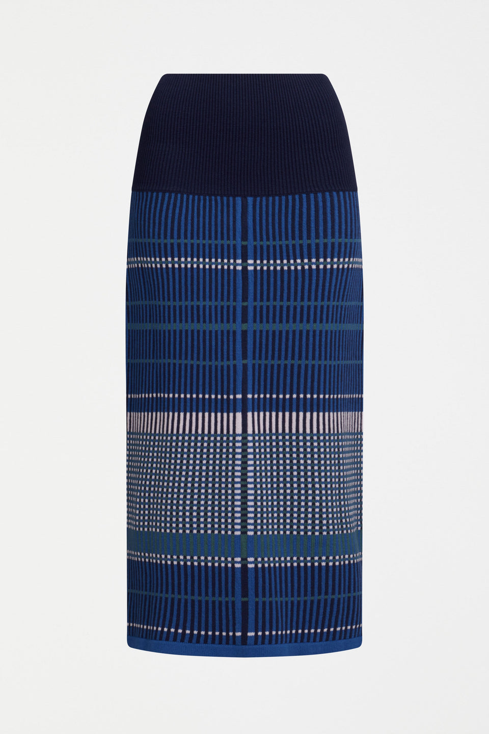 Cila Multi Check Organic Cotton Knit Midi Skirt Front | BLUE MULTI