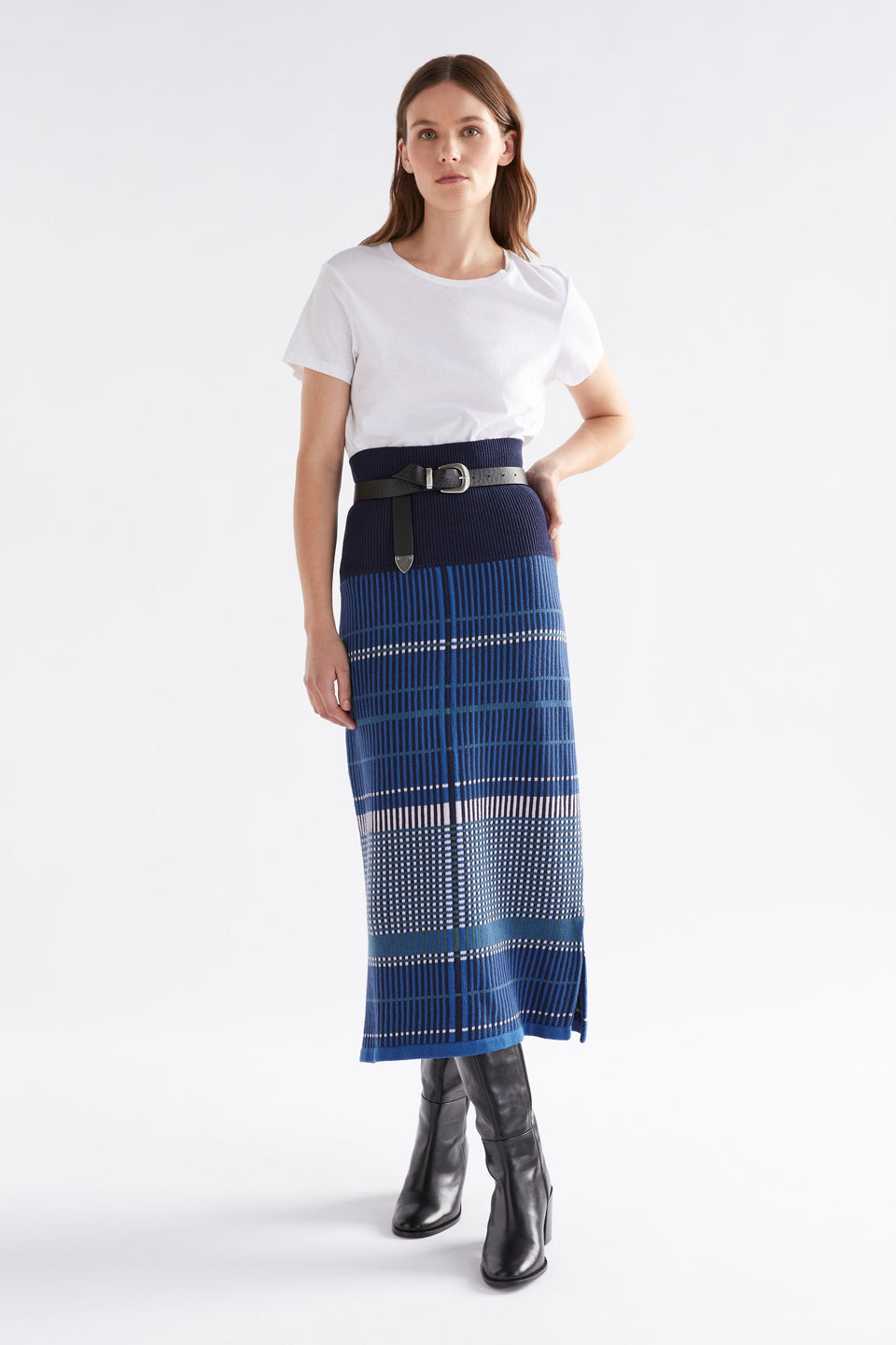 Cila Multi Check Organic Cotton Knit Midi Skirt Model Front | BLUE MULTI
