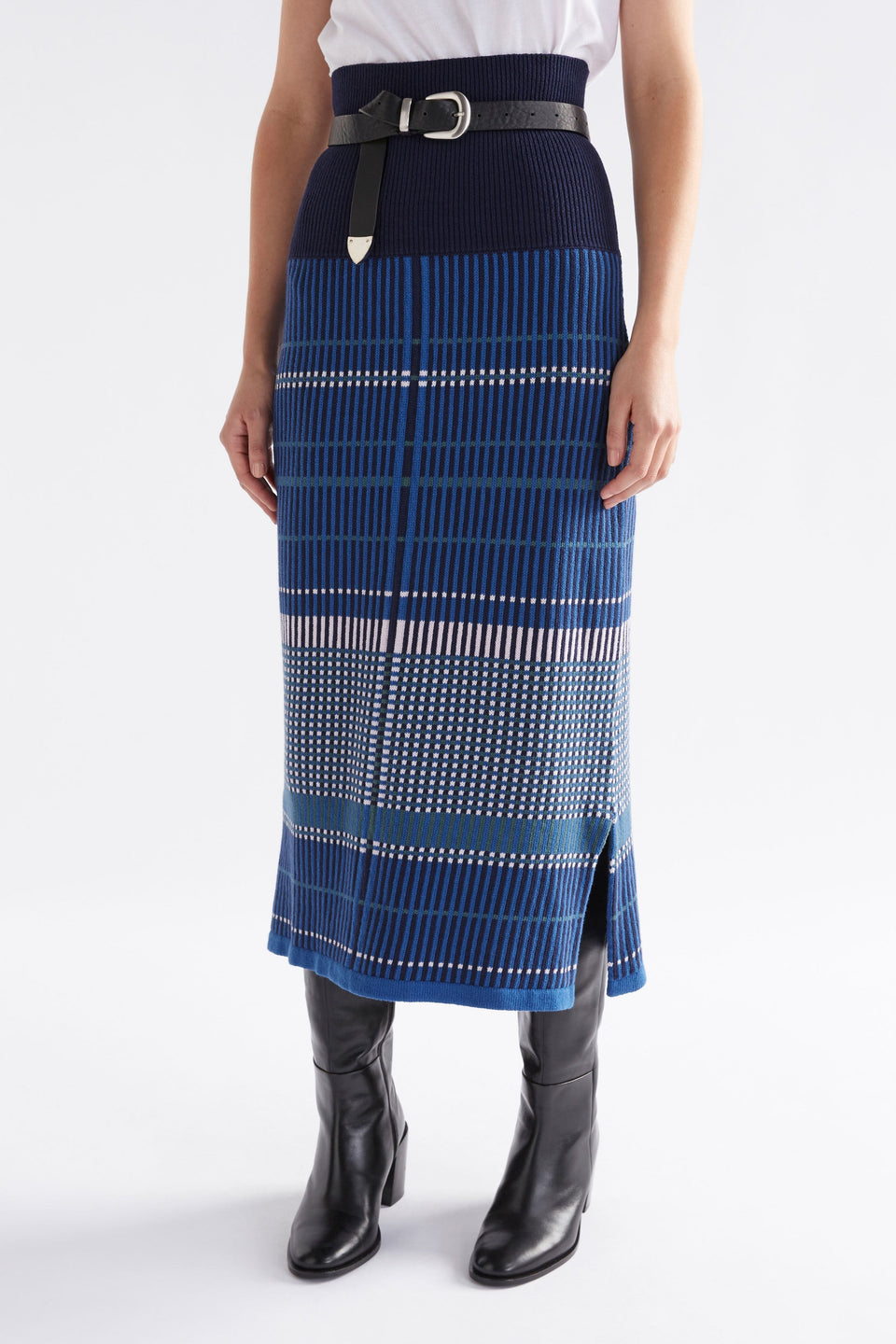 Cila Multi Check Organic Cotton Knit Midi Skirt Model Front Crop | BLUE MULTI
