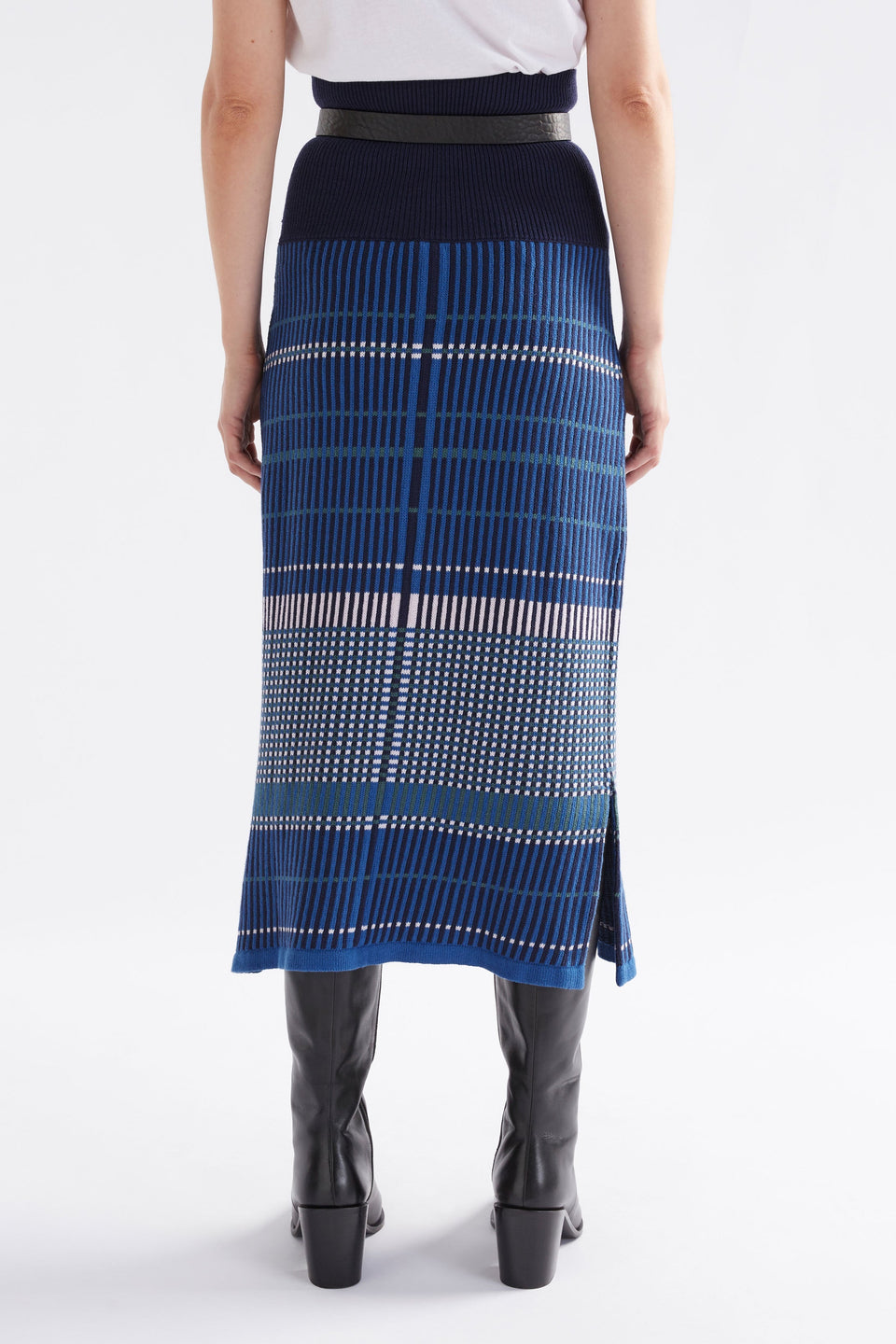 Cila Multi Check Organic Cotton Knit Midi Skirt Model Back | BLUE MULTI