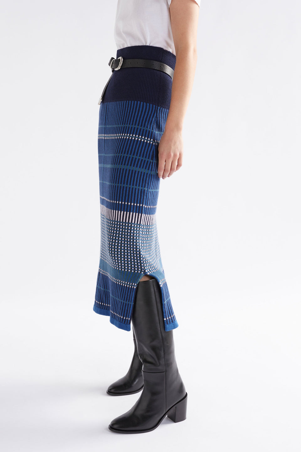 Cila Multi Check Organic Cotton Knit Midi Skirt Model Side | BLUE MULTI