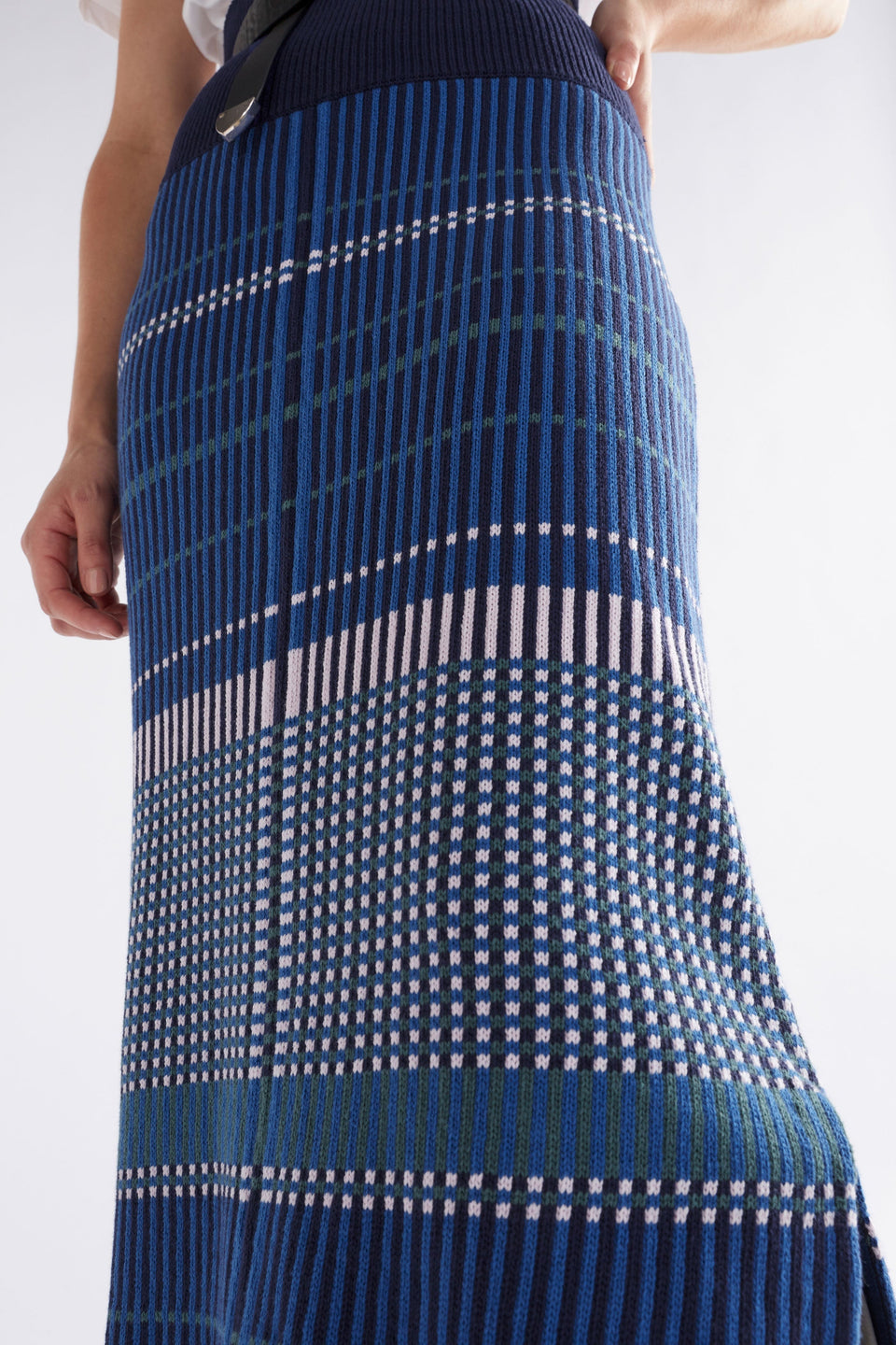 Cila Multi Check Organic Cotton Knit Midi Skirt Model detail | BLUE MULTI