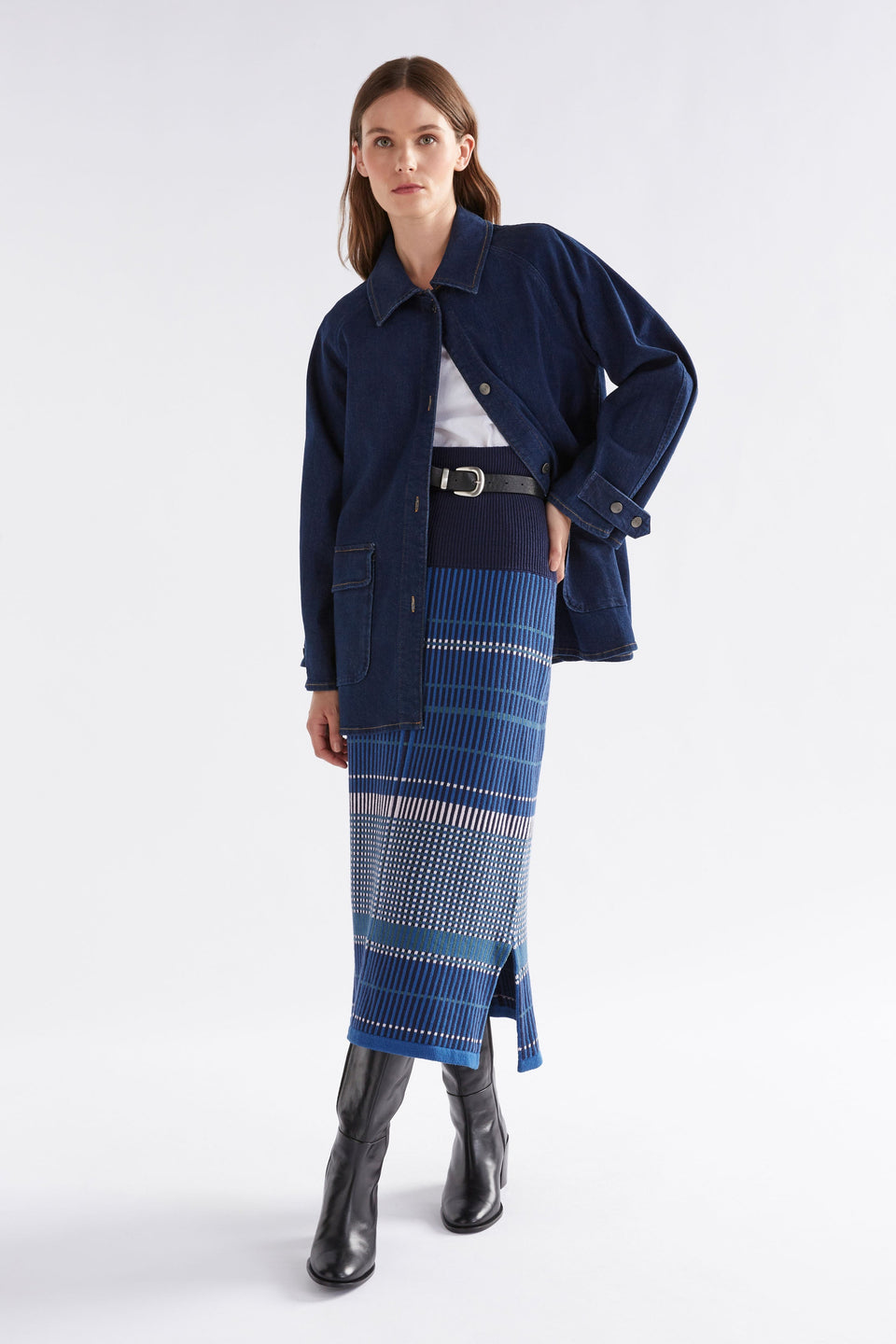 Cila Multi Check Organic Cotton Knit Midi Skirt Model Front jacket | BLUE MULTI