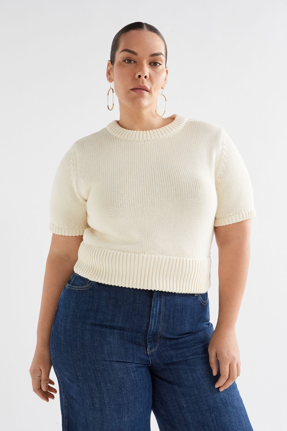 Luft Organic Cotton Chunky Tshirt Knit Top Model Curve Front | WHITE