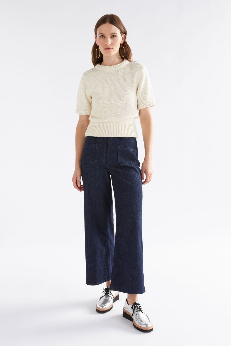 Luft Organic Cotton Chunky Tshirt Knit Top Model Front Jena fully Body | WHITE