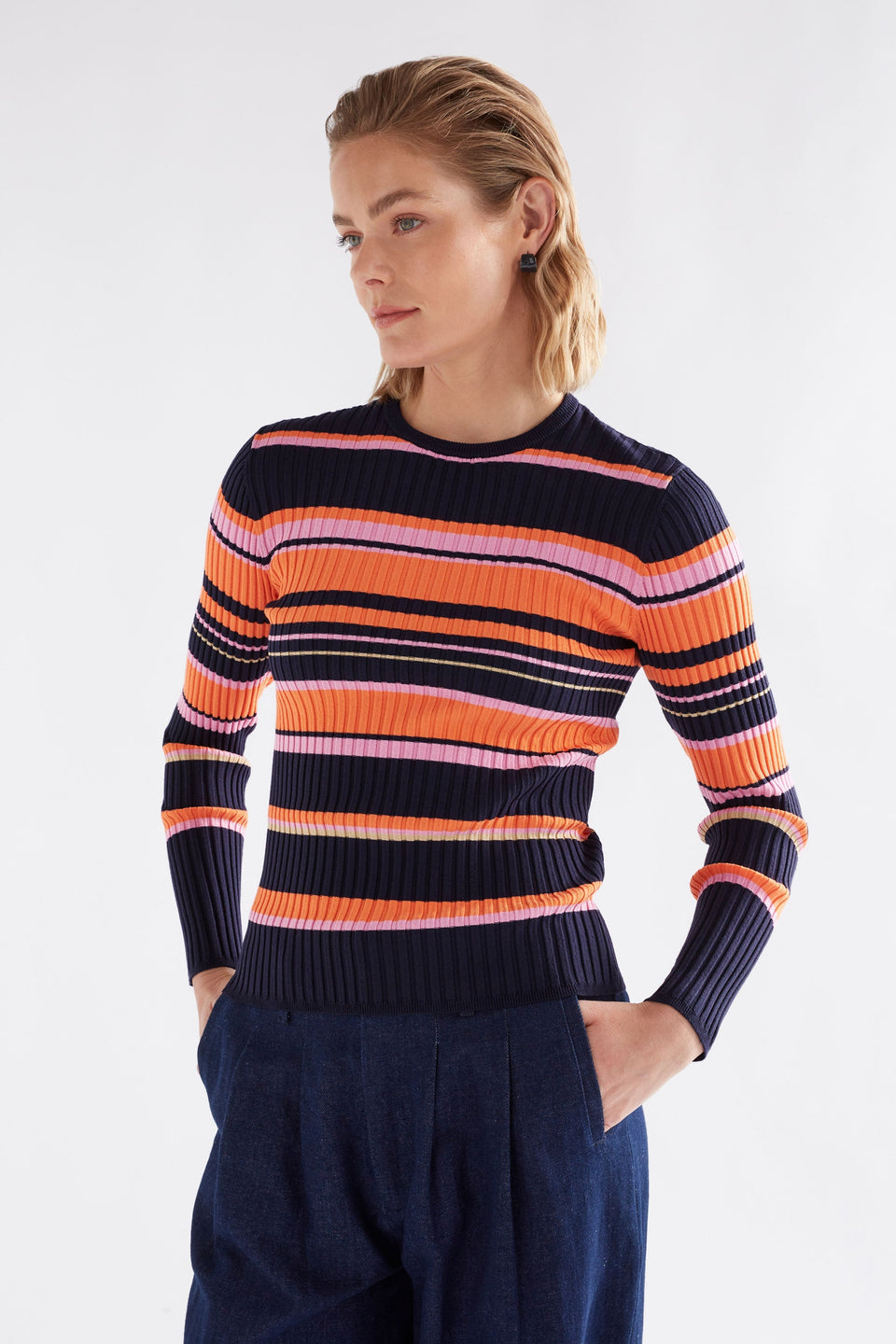 Slinki Stretch Ribbed Striped Navy, Orange and Pink Slim Fit Round Neck Sweater model Front | SLINKI STRIPE