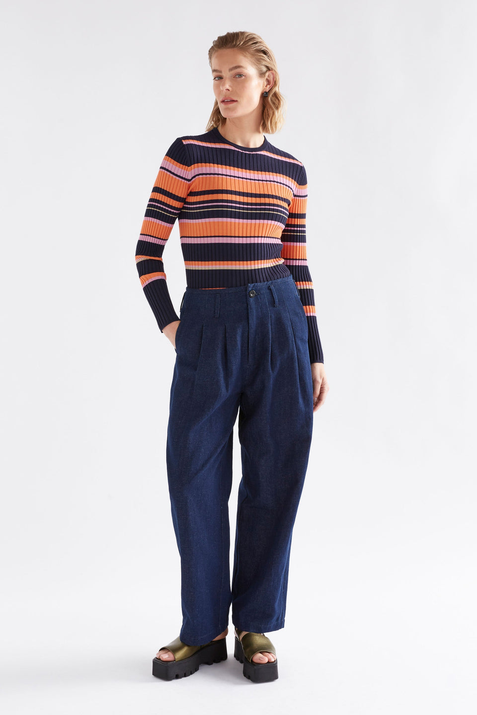 Slinki Stretch Ribbed Striped Navy, Orange and Pink Slim Fit Round Neck Sweater model Front Full body Tucked in | SLINKI STRIPE