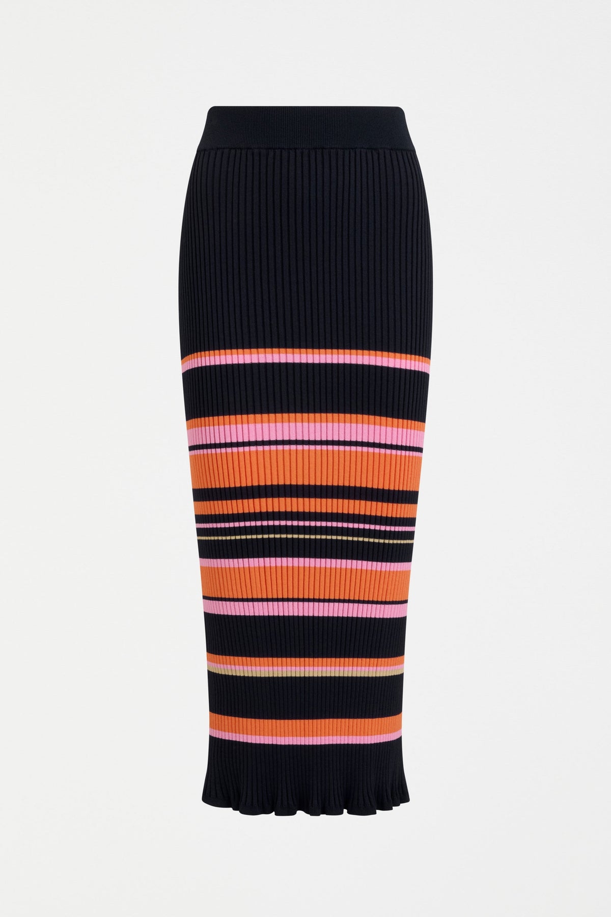 Slinki Stretch Ribbed Striped Navy, Orange and Pink Midi Pencil Skirt Front | SLINKI STRIPE