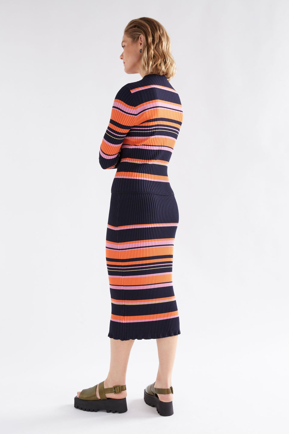 Slinki Stretch Ribbed Striped Navy, Orange and Pink Midi Pencil Skirt Model back | SLINKI STRIPE