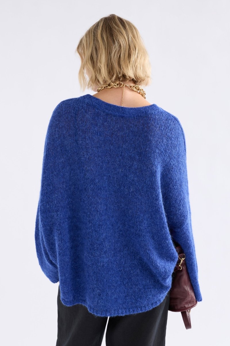 Agna Relaxed Box Fit Alpaca Yarn Knit Sweater Model Front | DEEP COBALT