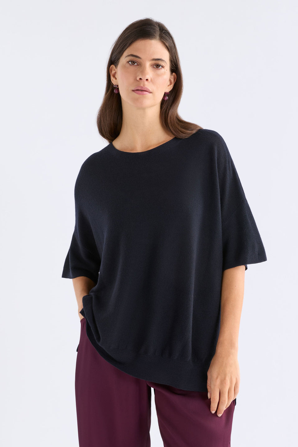 Kita Fine Merino Knit Short Sleeve Top ELK | MIDNIGHT
