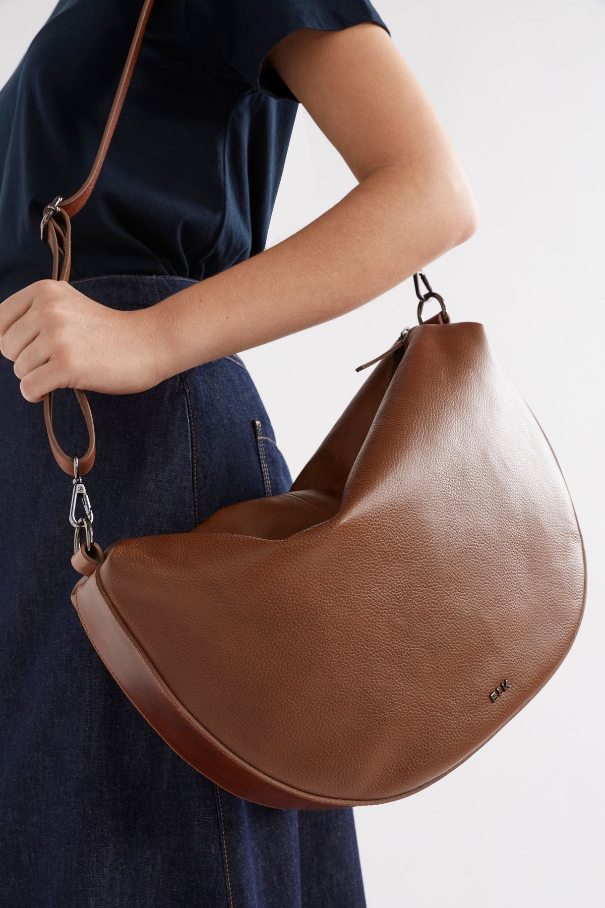 Illin Leather Half Moon Medium Crossbody Bag Model Front | SIENNA