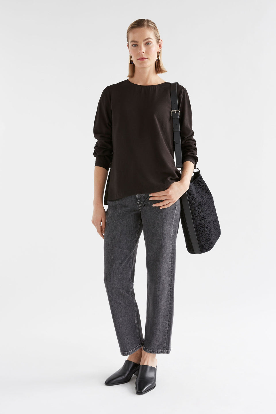 Sidra Ruched Cotton Leather Trim Tote Bag Model Full Body Side | BLACK