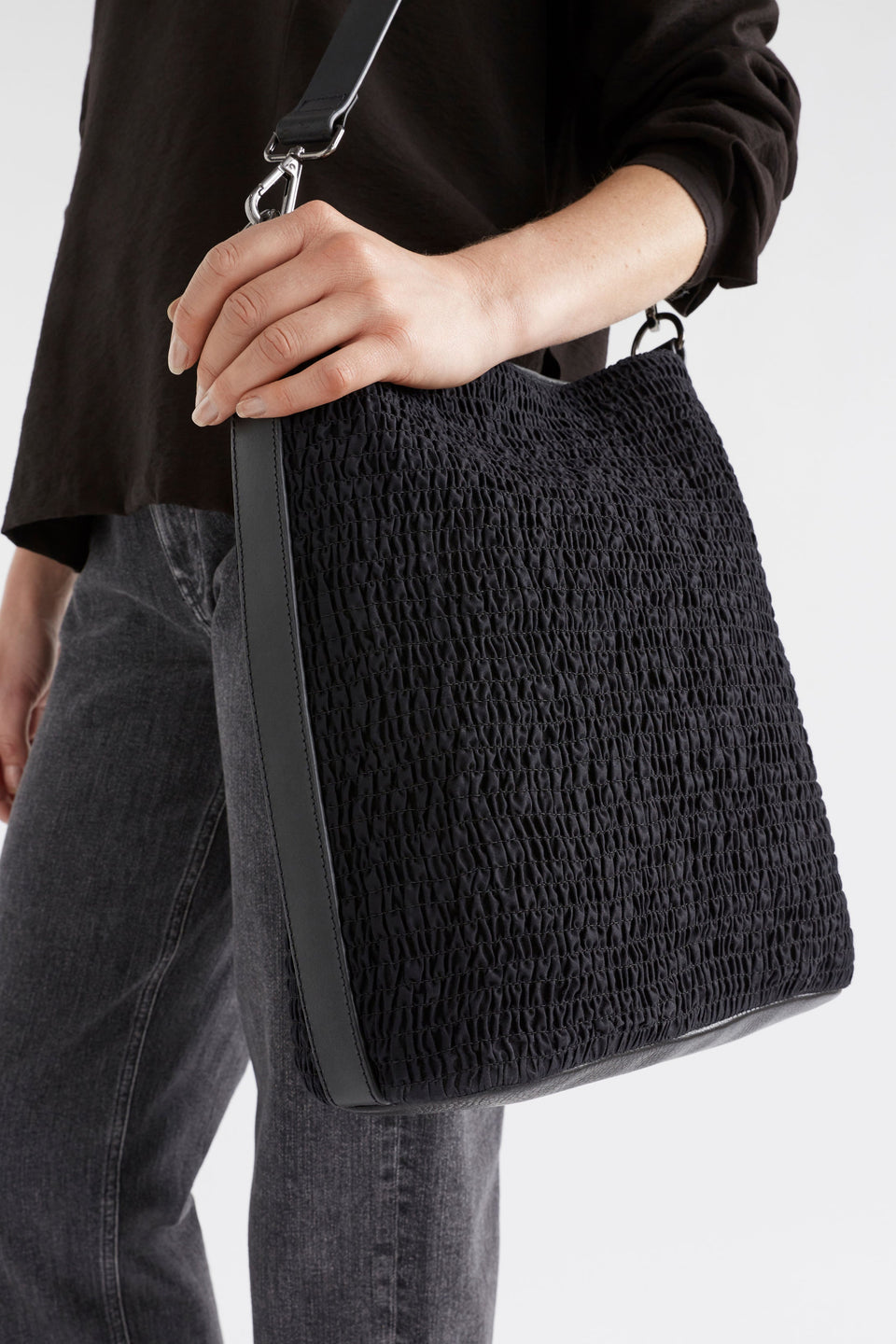 Sidra Ruched Cotton Leather Trim Tote Bag Model Detail | BLACK