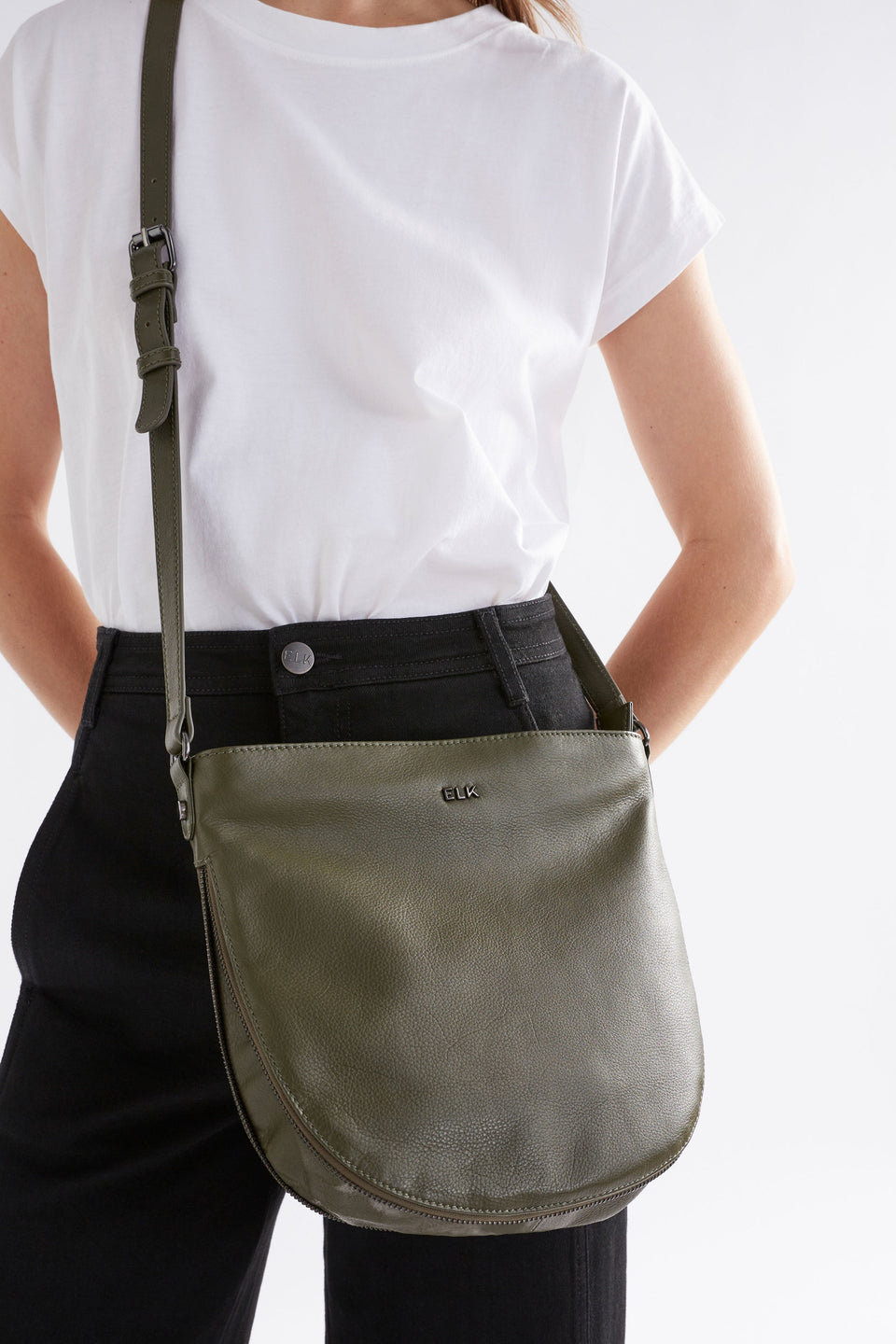 Nors Half Moon Leather Crossbody Bag Front Model Detail | OLIVE
