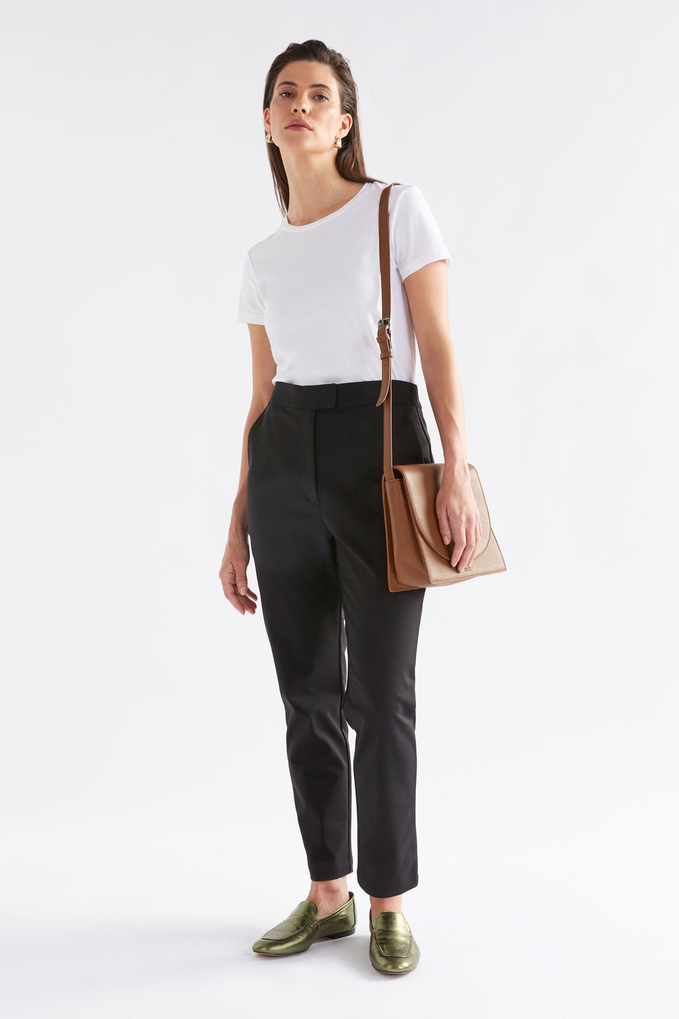 Sejer Structured Leather Crossbody Bag with Flap Closure Front Model full body | TAN